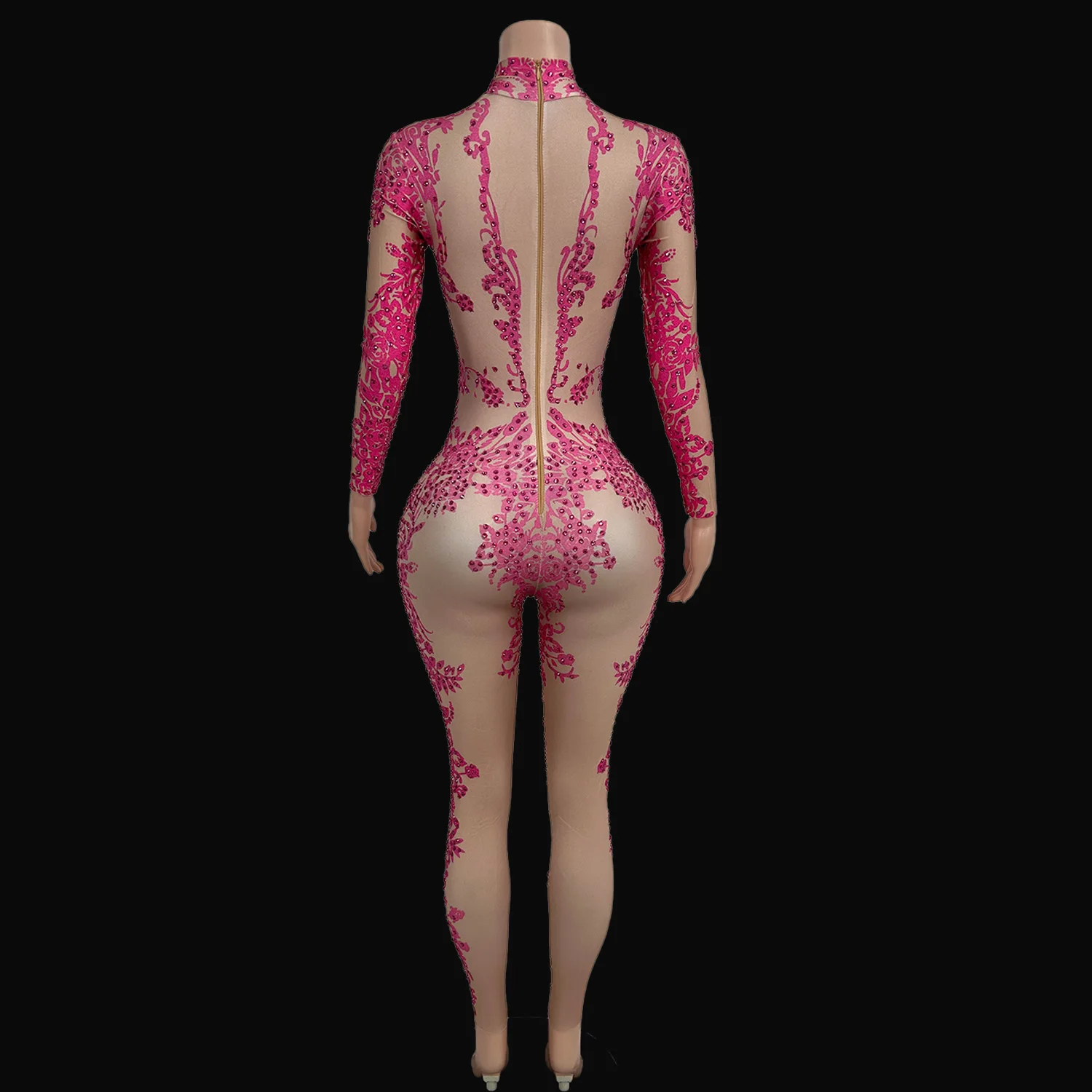 New Long Sleeved Jumpsuit Pink Print Rhinestone Street Sports Style Tight Pants Gymnastics Acrobatics Performance Clothes xth