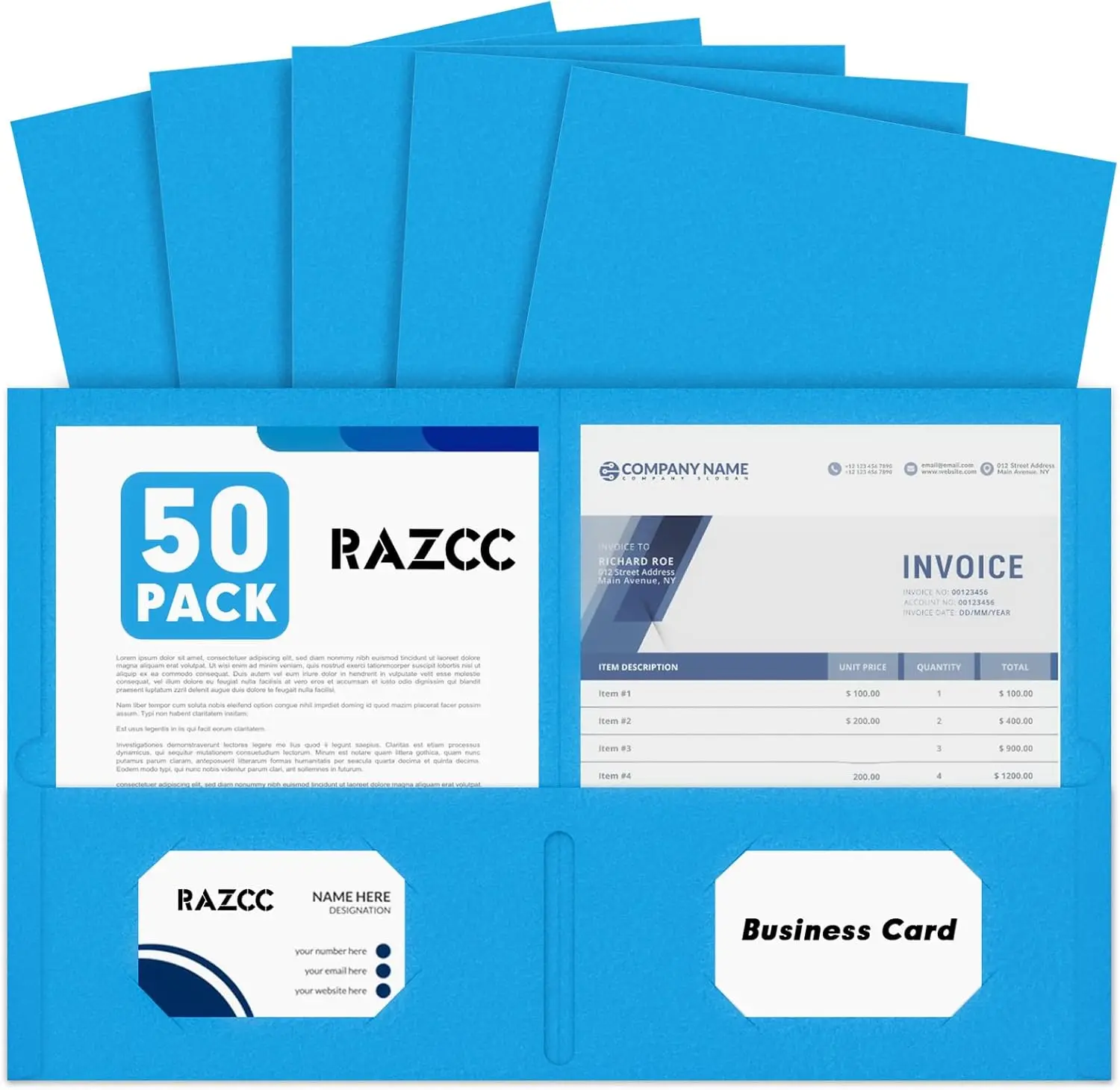 

50 Pack Blue Two Pocket Folders for Letter Size Paper, Ideal for School Office Home Use