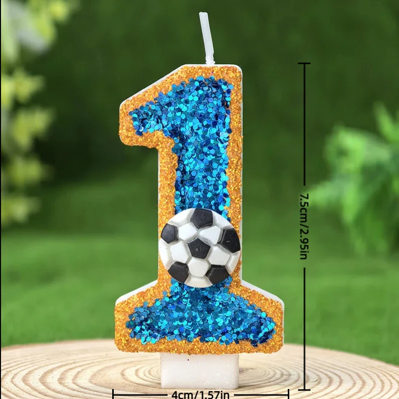 1PC Soccer Football Glitter Number Birthday Candle, 0-9 Optional Numeral Cake Topper Sports Themed Party Dessert Cake Decor Orna