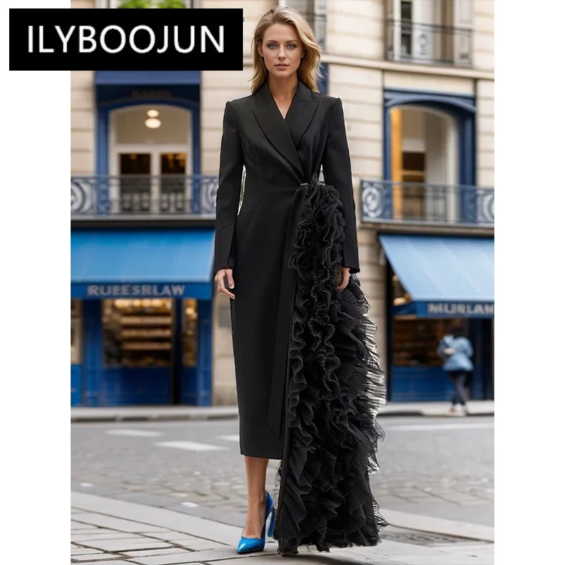 

ILYBOOJUN Solid Spliced Mesh Blazer For Women Notched Collar Long Sleeve Patchwork Lace Up Chic Long Coat Female Clothes New