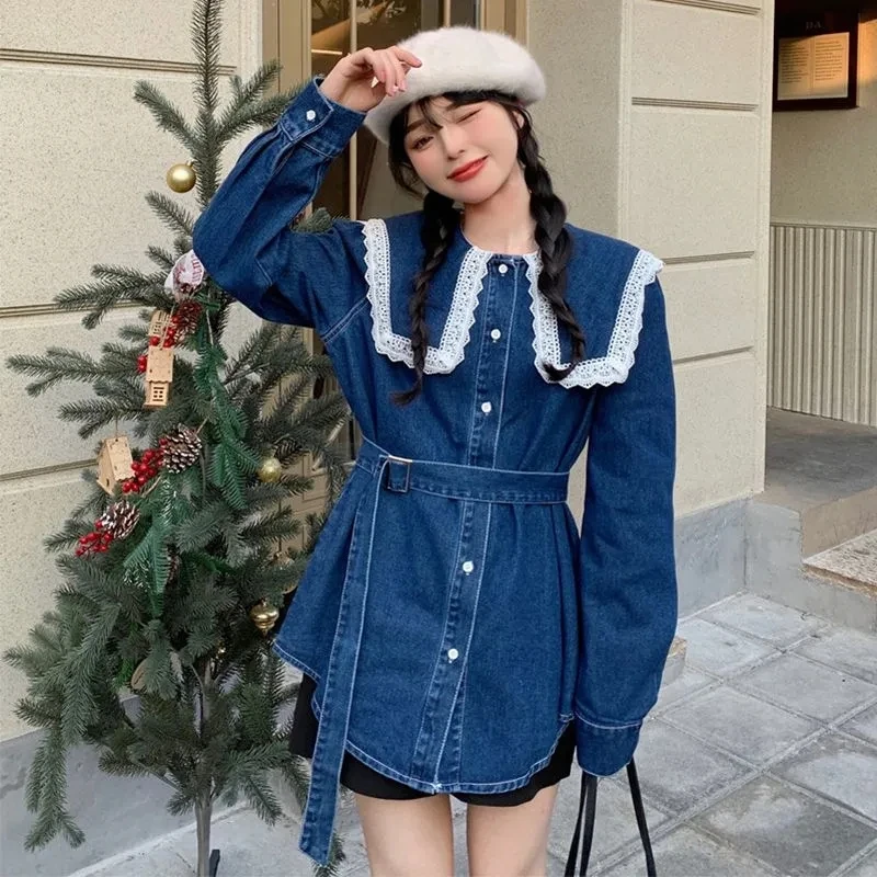 Denim Shirt with Belt Frill Ruffle Peter Pan Doll Neck Button Up Long Sleeve Blouse Women Fashion Loose Jeans Top Plus Size 5XL