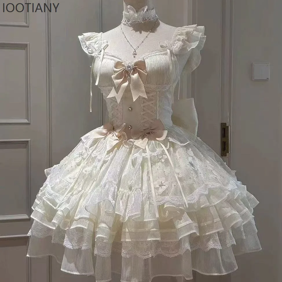 

Japanese Sweet Princess Lolita Elegant Female Dress Y2k Chic Bow Fairy Retro Dress Slim Flower Lace Dress Tea Party Clothing
