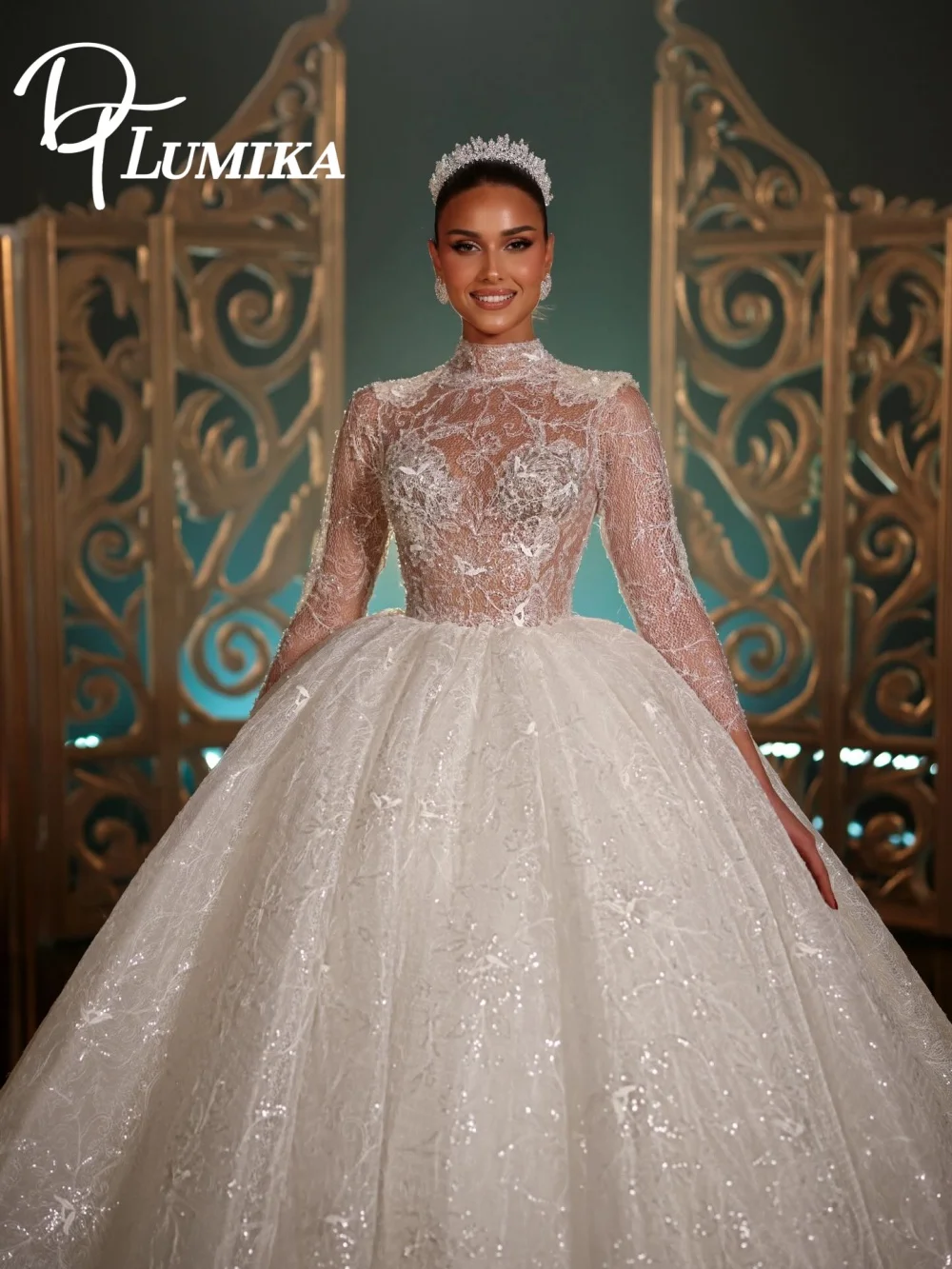 

Изысканное свадебное платье с длинными рукавами и бисером 2026, блестящее свадебное платье с круглым вырезом, элегантное платье невесты с кружевными аппликациями, Vestidos De Novia