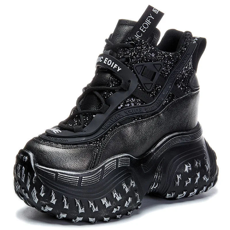 

High quality 12CM Spilt Leather Chunky Sneakers Spring Shoes Genuine Leather Ankle Booties Bling Women Vulcanize Boots Autumn