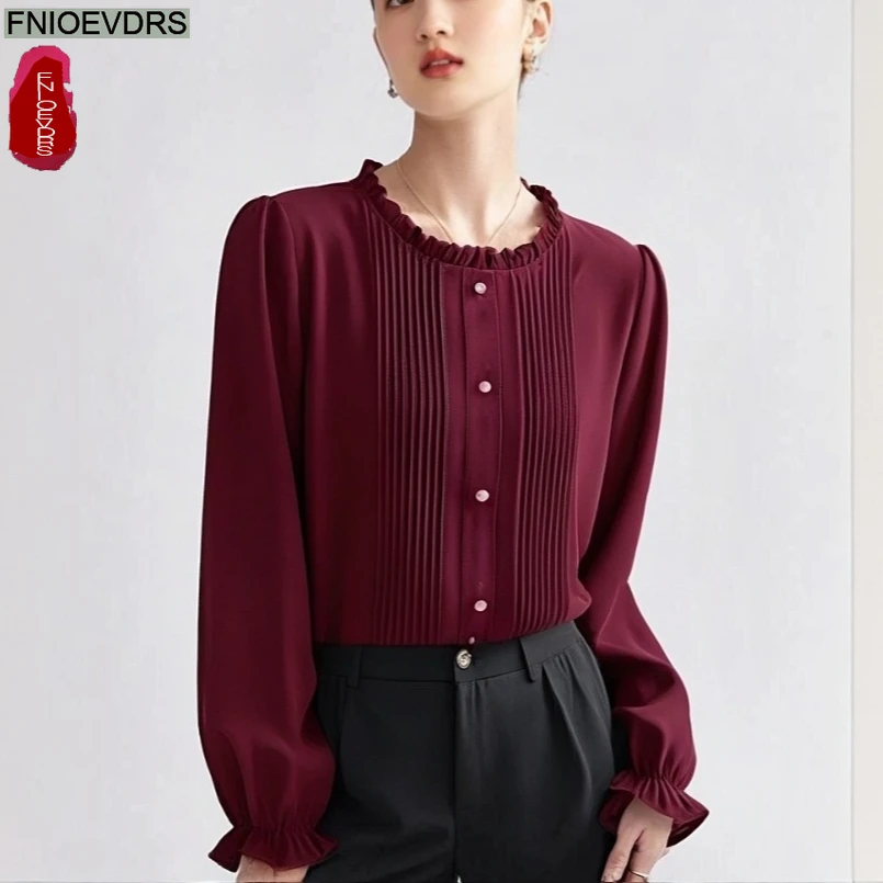 

Loose Clothes Women 2024 Autumn Elegant Office Lady Casual Button Shirts Black Sheer Ruffles Retro Vintage Peplum Tops Blouses