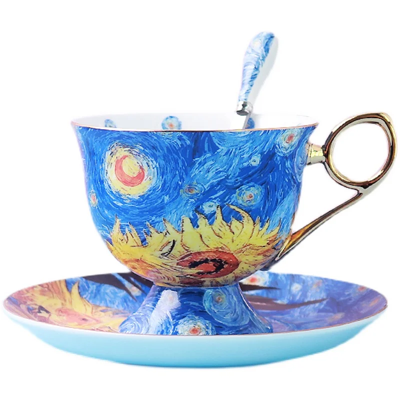 Moroccan Luxury High-end Bone China Coffee Cups Dish Set British Afternoon Tea Creative Star Sky Sunflower Ceramic Cup Gift 2cup