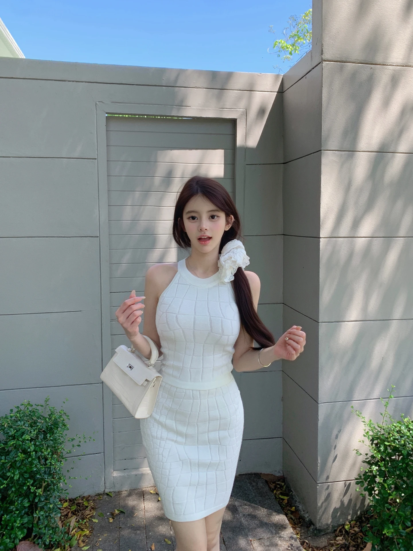 

Ele Crocodile Pattern Slim Fit Wrap Skirt Suit High Waist Faion Set for Women Autumn Season round Neline Knitted Top