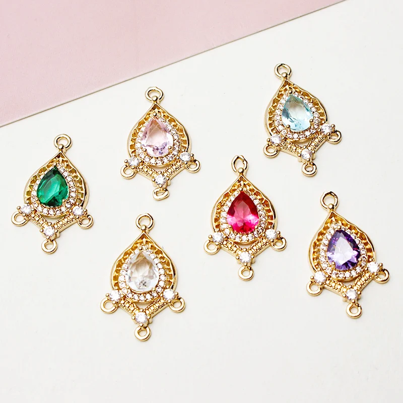 30pcs/ Bag Antique style copper gold-plated zircon crystal glass droplet shaped pendant connector DIY jewelry making accessories