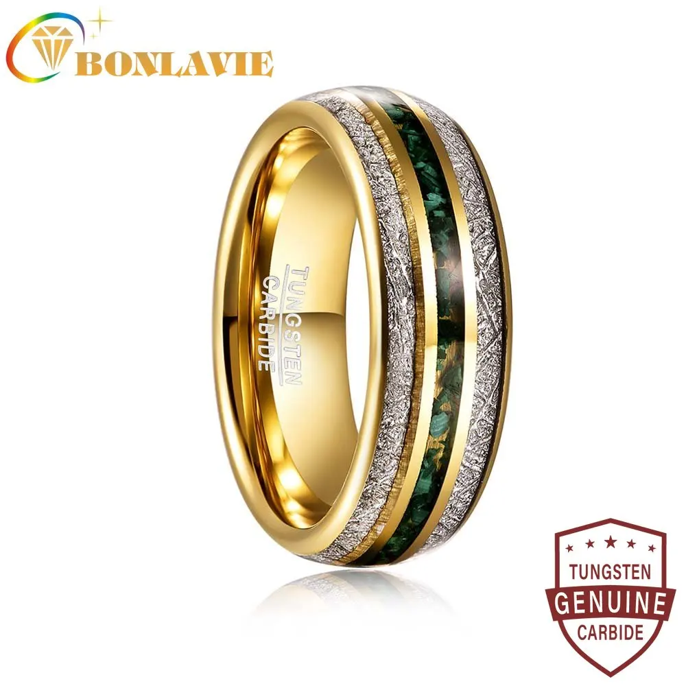 BONLAVIE 8mm Electric Gold Color Inlaid Meteorite Green Gravel Tungsten Steel Ring Fashion Wedding Rings for Men Best Gift