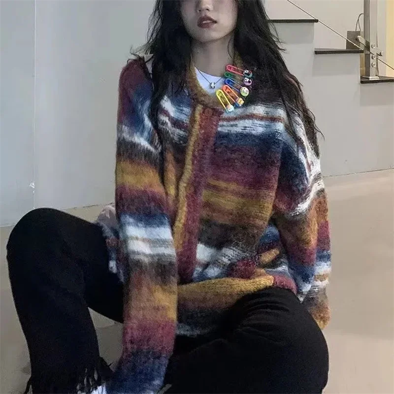 Loose Knit Cardigan Women 2023 Autumn and Winter New Fat Sister Matching Color Outside With Long Sleeve Rainbow Coat Sweater Top