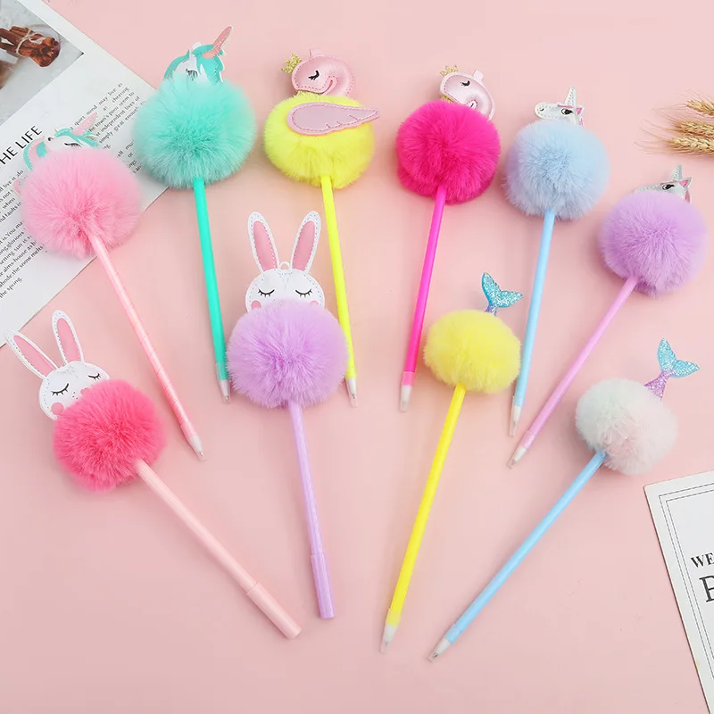 Korean version cartoon PU unicorn plush ballpoint pen Internet celebrity cute cartoon hairball gel pen korean stationery