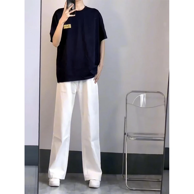 

American Vibe Men's Summer CleanFit White Elastic Jeans High Street OOTD Straight Leg Denim Jeans Youth Trend Cotton Polyeste...