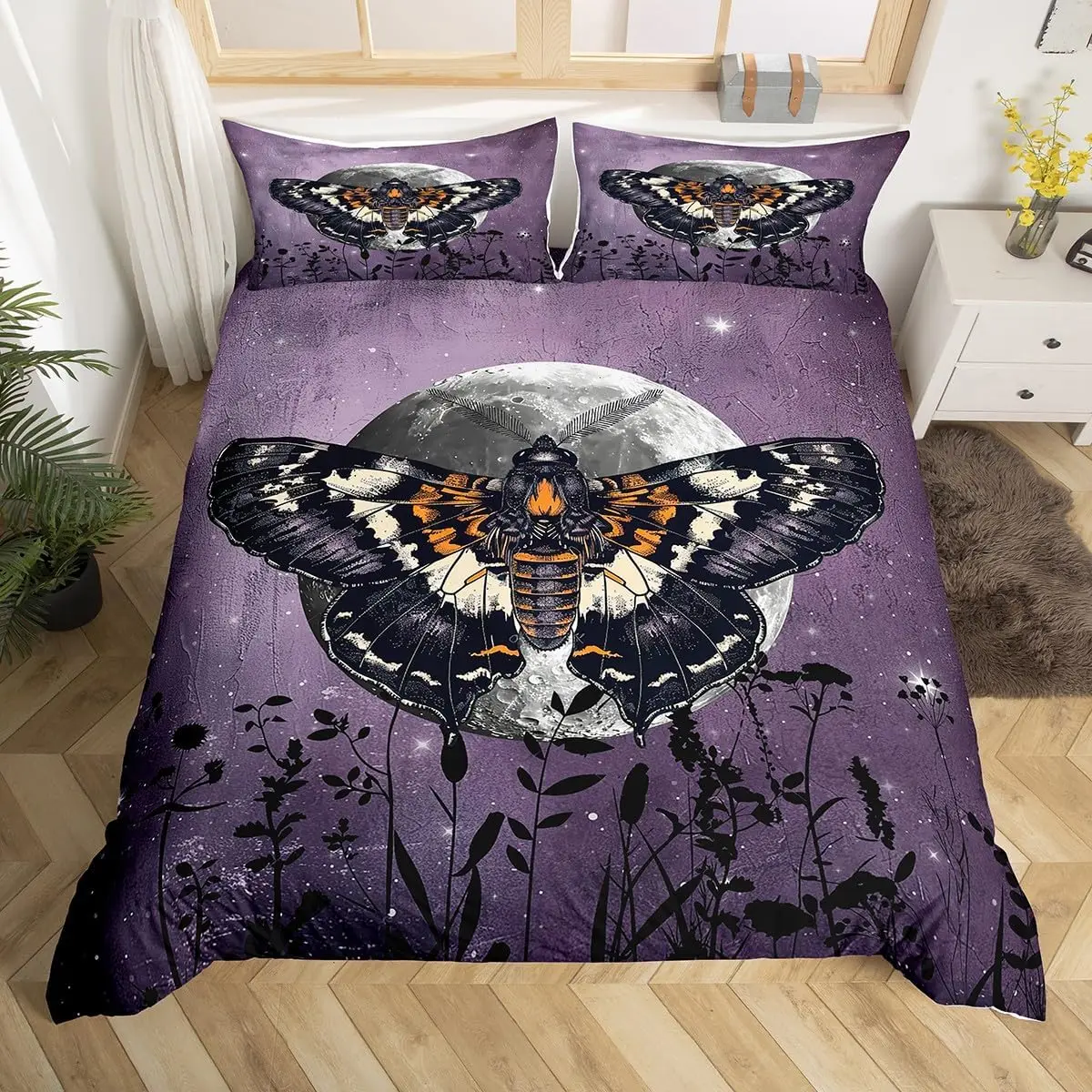 Gothic Moth Duvet Cover, Butterfly Bedding Set Full Queen Flower Weed Botanical Comforter Cover Psychedelic Galaxy Quilt Cover