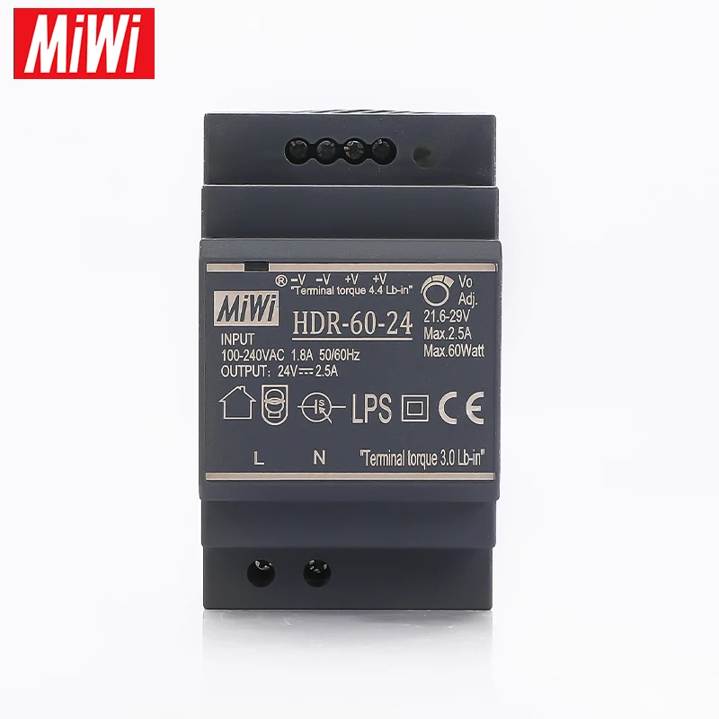 2 Years Warranty AC to DC 24V 60W SMPS Small Size DIN Rail Power Supply HDR-60-24