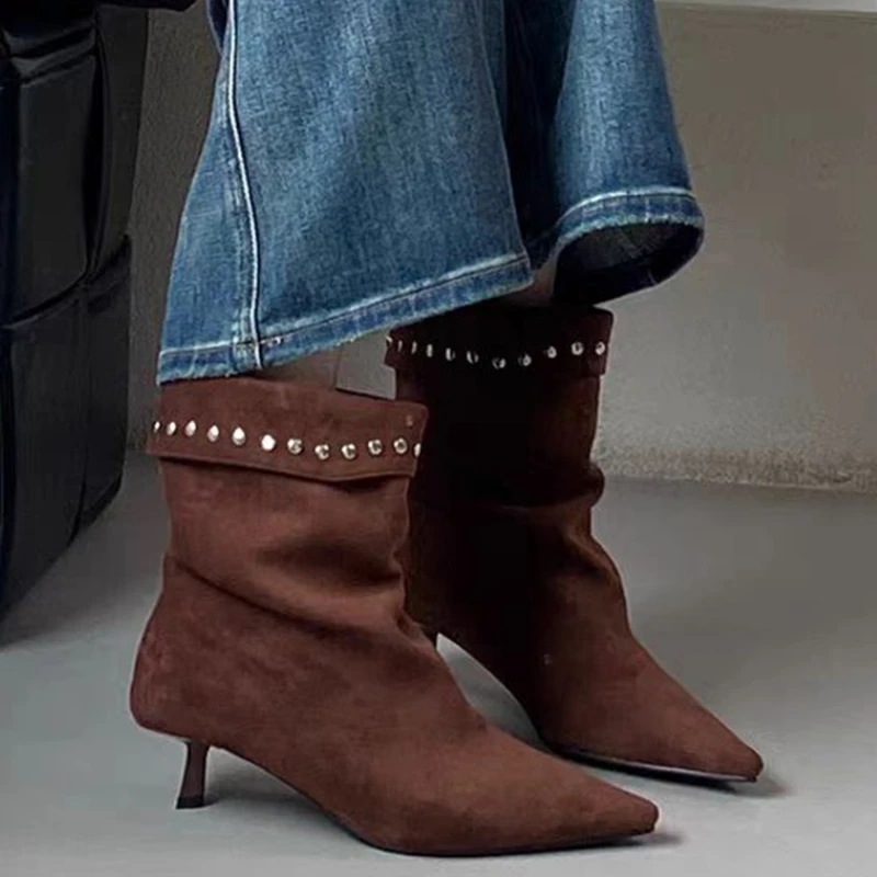 

Ankle Boots for Women Sexy High Heels Pointed Toe Suede Luxury Shoes 2025 Fashion Party Woman Boots New Pumps Winter Mujer Botas