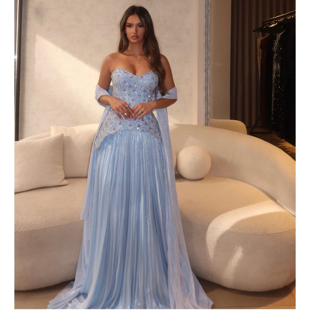 

Shiny Pleated Chiffon Evening Dresses Strapless Rhinestones Luxury Party Dress Formal Prom Gown 3 Pcs Vestidos Customized