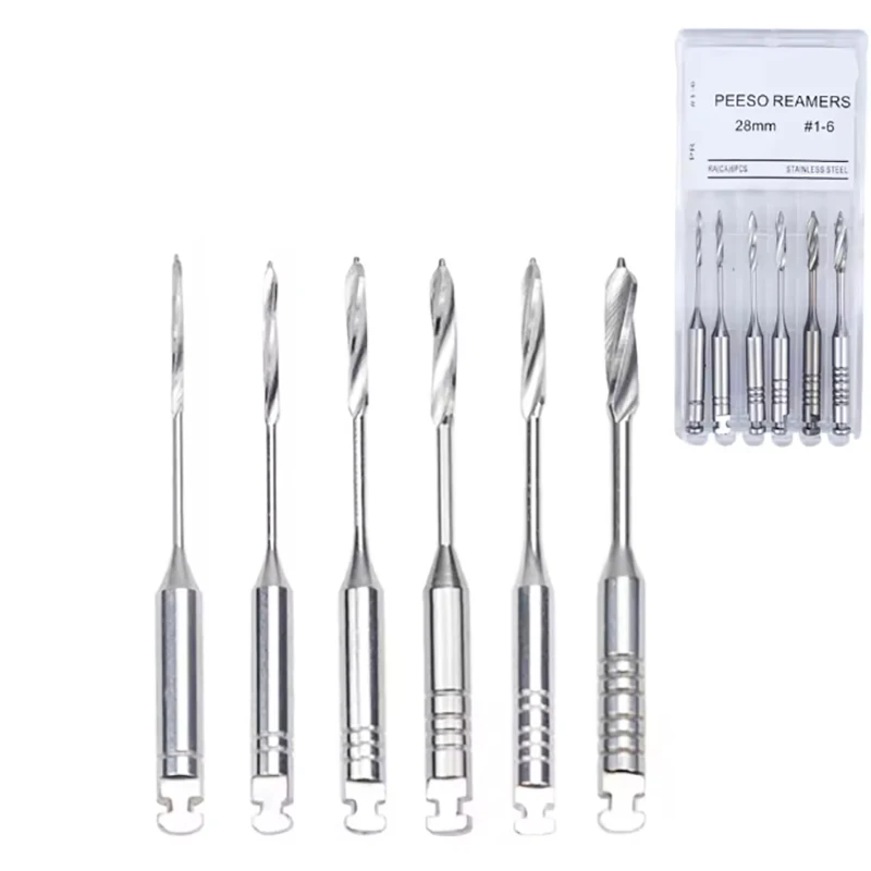 6Pcs/Pack Dental Endodontic Peeso Reamers Drill Rotary Burs 28/32mm Engine Use Stainless Steel Endo Files #1-6 Dentist Lab Tools