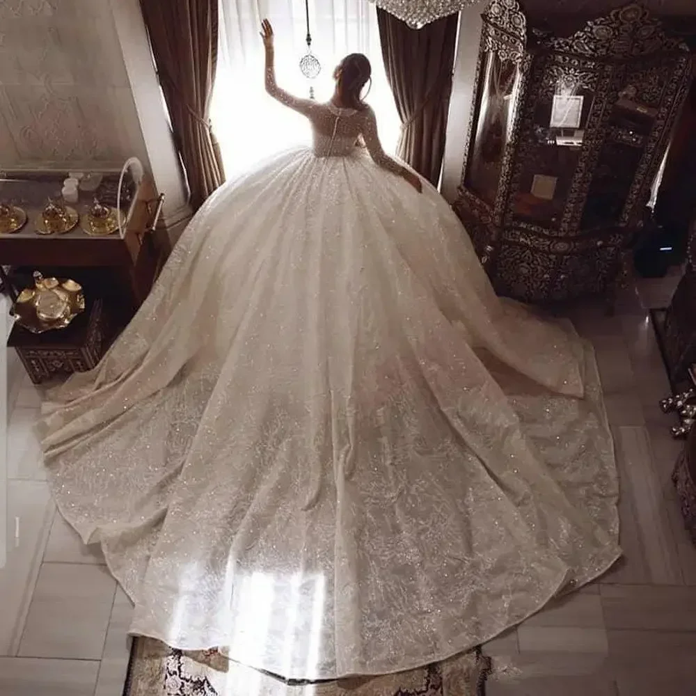 Customized Luxury Beading Long Sleeve Large Ball Gown Saudi Arabia Custom Made Bridal Bride Wedding Dresses