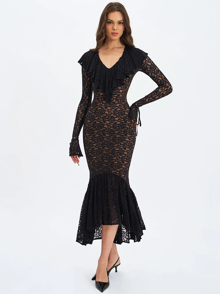 

Mozision Lace Ruffled Sexy Maxi Dress Women Gown Elegant Black V Neck Long Flare Sleeve High Waist Club Party Long Maxi Dress