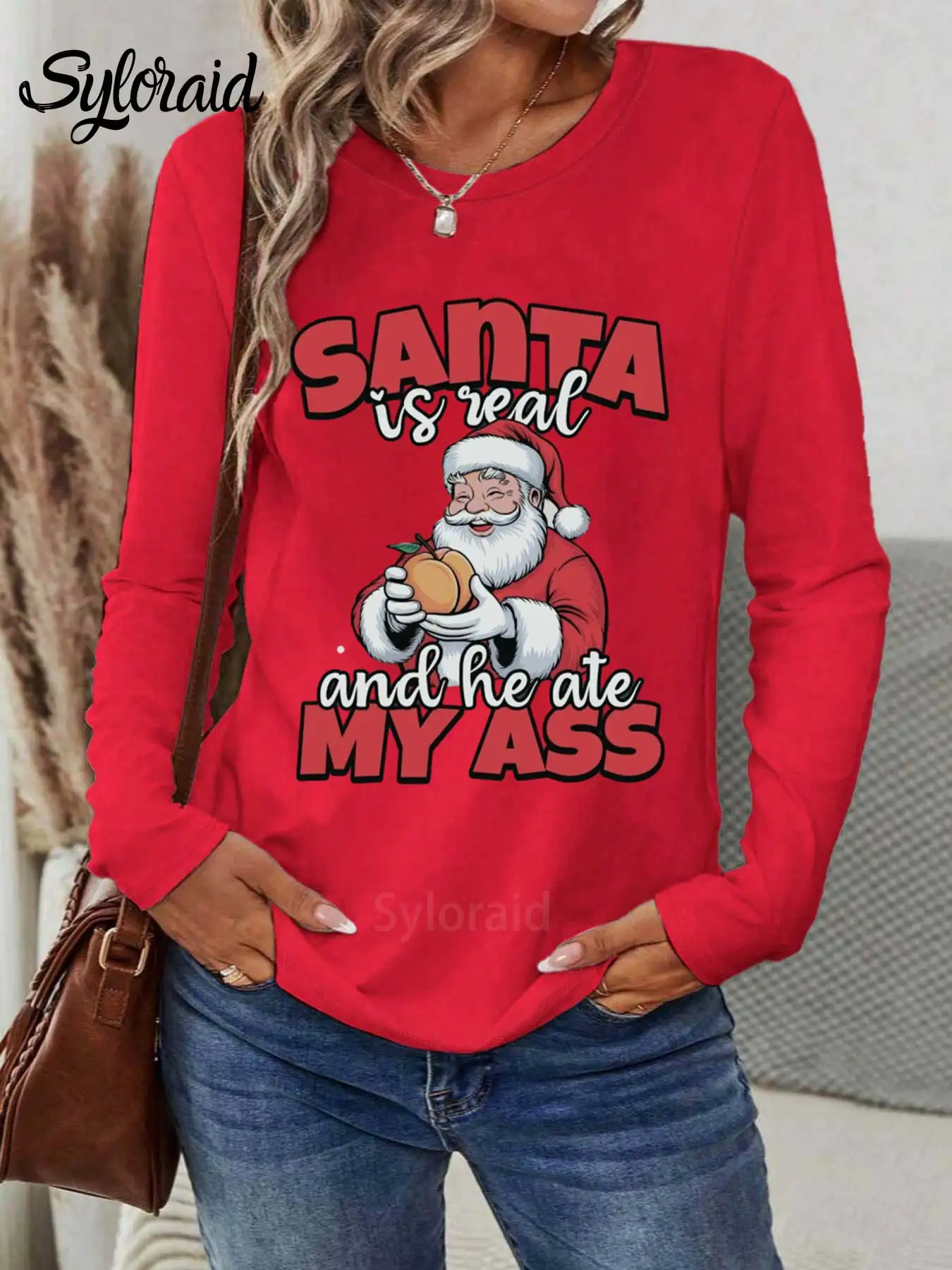 여성용 긴 소매 티셔츠 재미 있은 크리스마스 복숭아 산타 클로스 프린트 티셔츠 패션 라운드 넥 캐주얼 탑