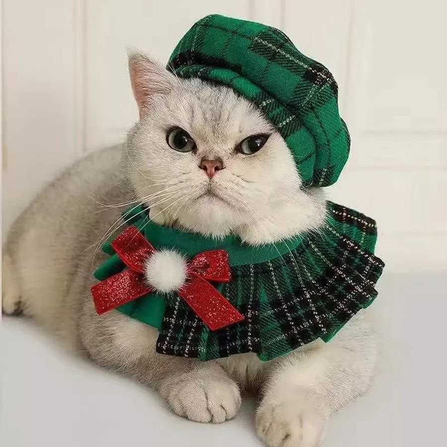 Festive Christmas Pet Clothes Cat Collar Bib Set Dog Octagonal Hat British Style Dog Pet Decoration Photo Props Xmas Costume