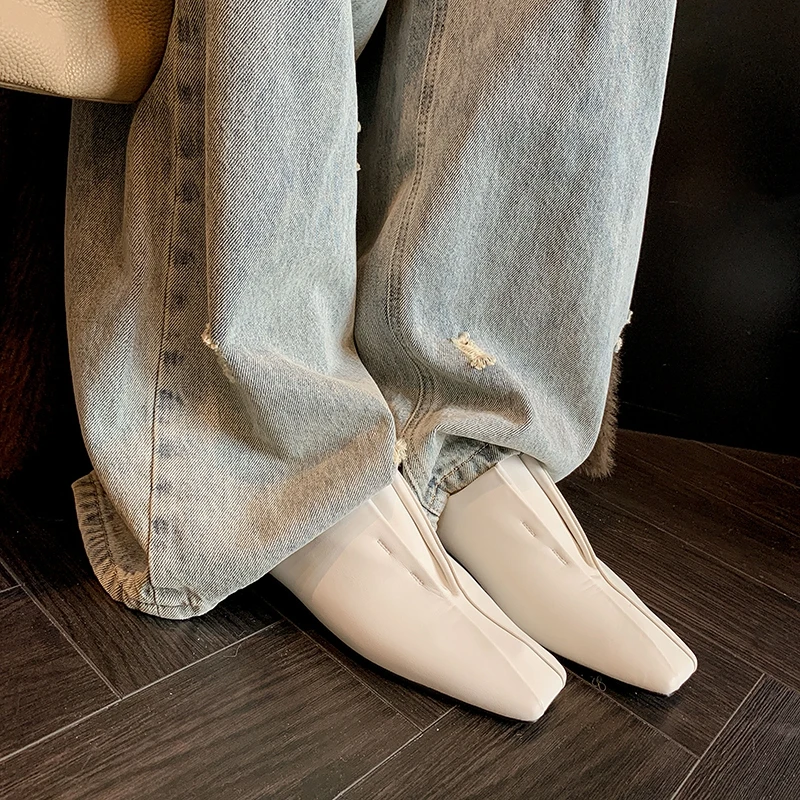 

Women's new spring and autumn genuine leather sheepskin square toe low heel comfortable casual loafers, single shoes, white shoe