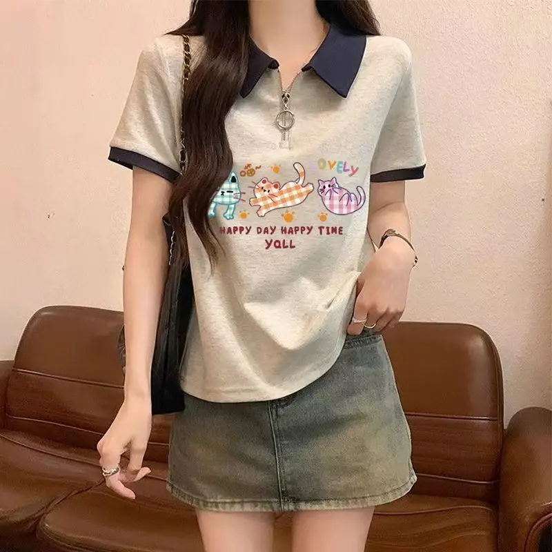 Women's Summer Commute Casual Versatile Korean Style Polo Short Sleeve T Shirt Loose Fit Color Block Slimming Top Youthful