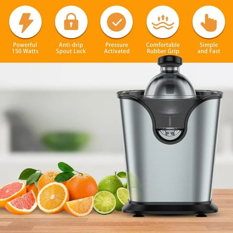 Exprimidor eléctrico de cítricos de acero inoxidable, 150 vatios de potencia para jugo de naranja, limón, Lima, pomelo, con agarre de goma suave