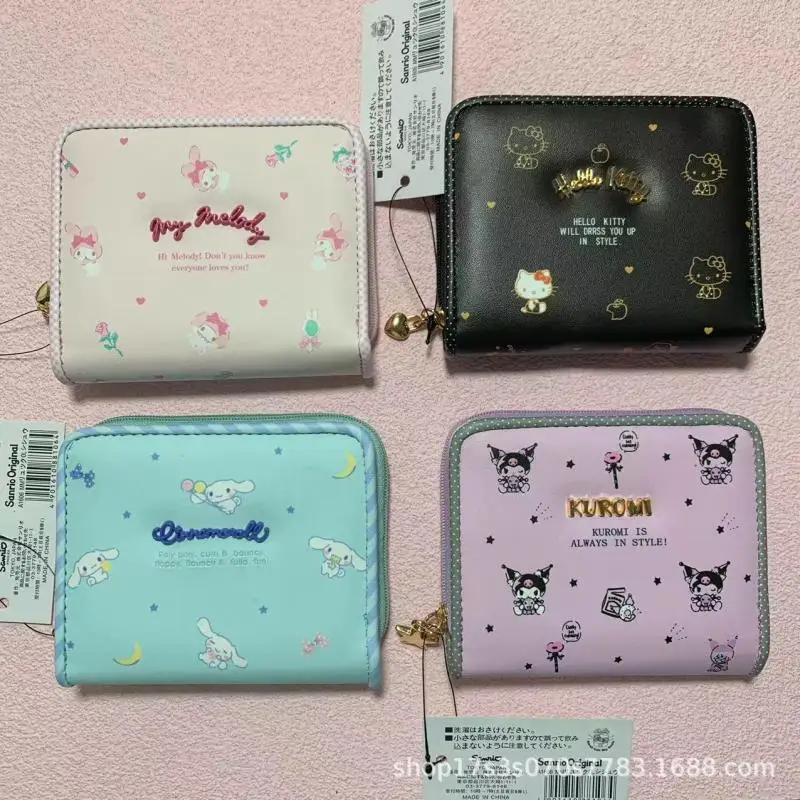 

Милый милый кошелек Sanrio Hellokitty Mymelody Kuromi Cinnamoroll из ПУ кожи, кружевной кошелек на молнии, короткий кошелек для карт, мультяшный подарок для девочек