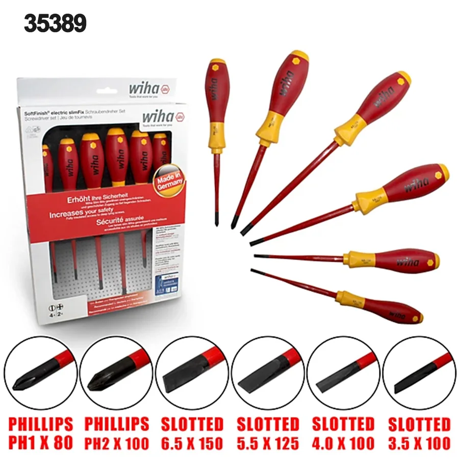 WIHA 7PCS Insulated Screwdriver Set with Voltage Tester 1000V VDE Phiilps Slotted Screwdrivers with Ergonomic Handle 35389