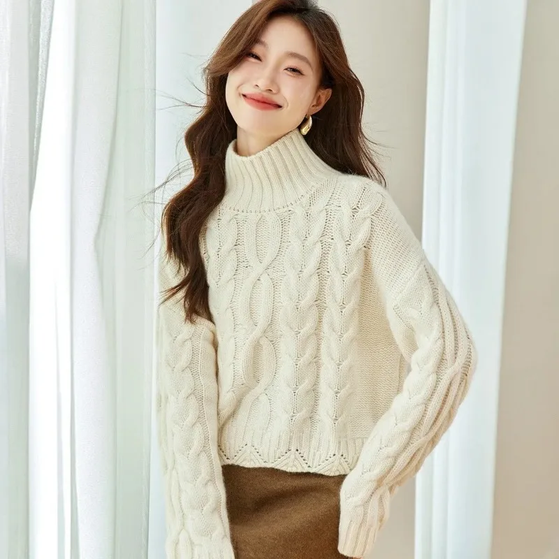 

Серый свитер с высоким воротником для женщин, универсальный топ для маленьких людей, ленивый стиль, осенне-зимний свободный вязаный свитер