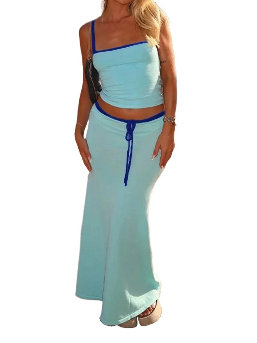 New Women 2 Piece Skirt Set Y2K Contrast Color Block Crop Top and Drawstring Mermaid Ankle-Length Skirt Fashion Sexy Sets