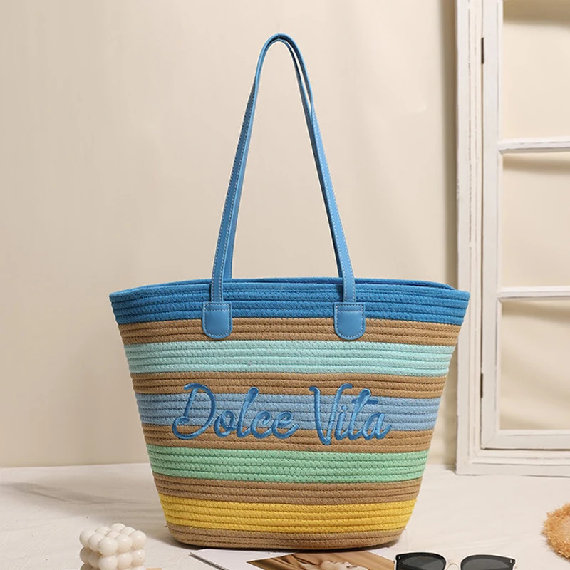 

Пляжная сумка-тоут в богемном стиле с радужными полосками для женщин, роскошная дизайнерская сумка-клатч 2026 года, новинка с вышитыми буквами, на плечо/подмышку