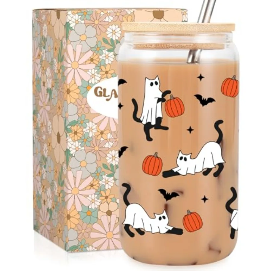 

Halloween Ghost Cat Iced Coffee Cup Halloween Cat Pumpkin Glass Tumbler 16 oz Spooky Coffee Glass Cup with Lid Straw Boo Basket