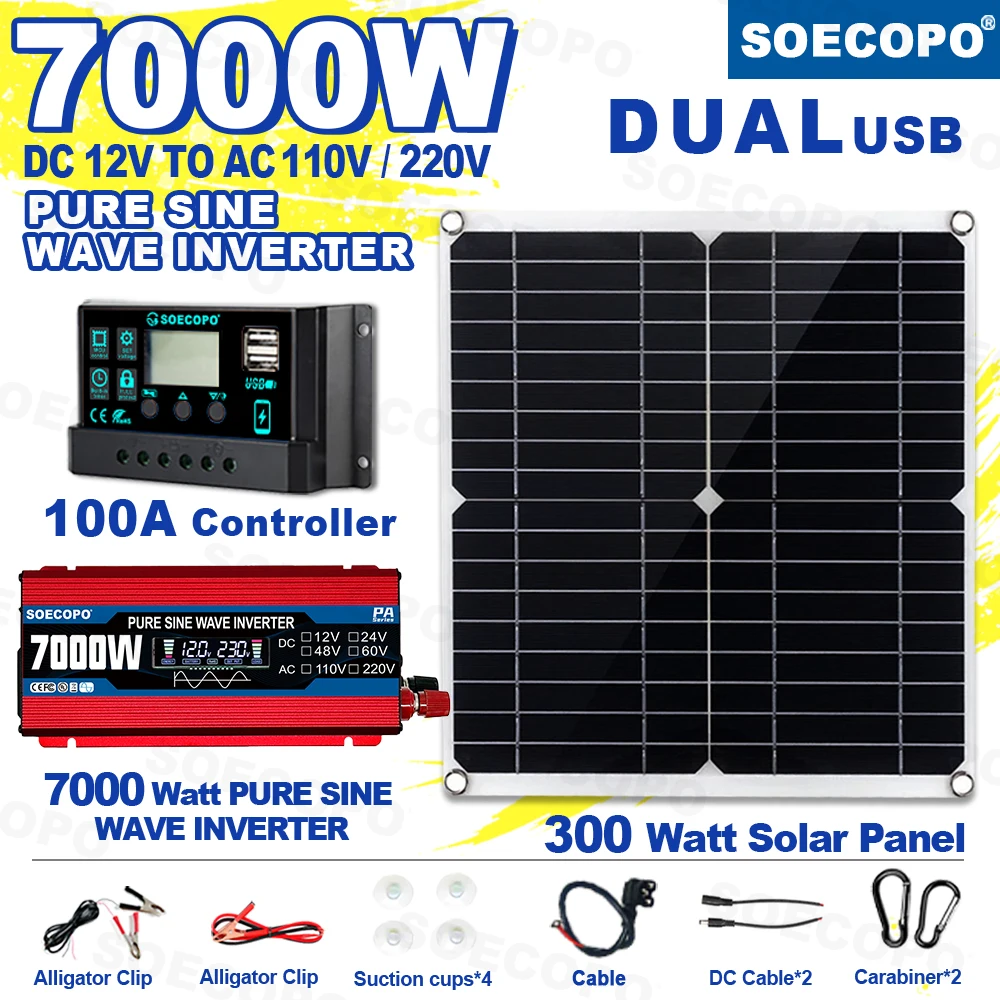 

SOECOPO 7000W Full Solar System Kit 300W Solar Panel Pure Sine Wave Inverter DC 12V To 110V/220V 100A Controller Camping RV Home