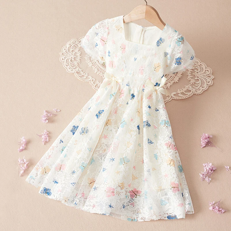 Summer girl's kid clothes baby clothing butterfly print sweet square neck short sleeved dress princess dress baby dress