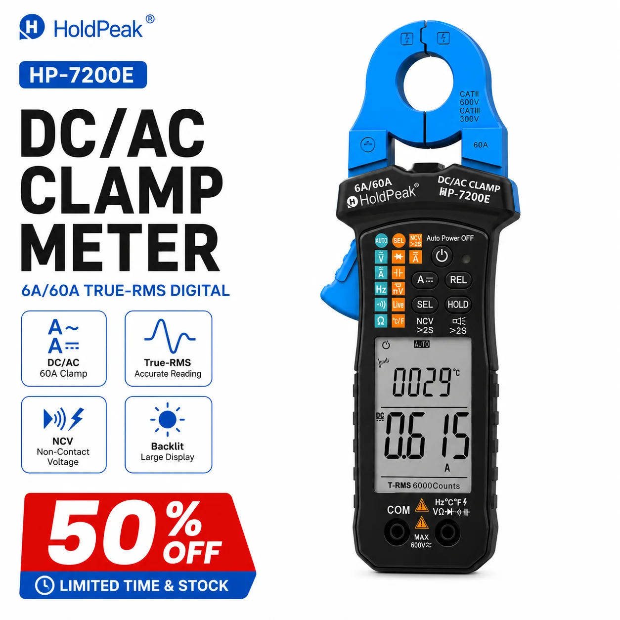 6000-Count True RMS AC/DC Digital Clamp Meter – Auto-Select Voltage/Resistance, 6A/60A Current, with NCV & Live Wire Detection