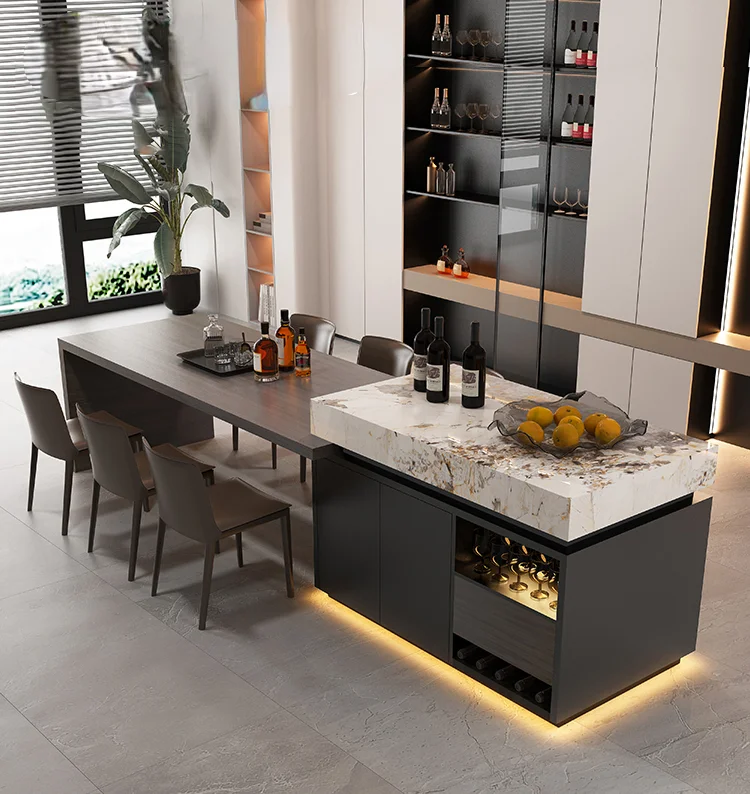 Customization: High-end island dining table integrated retractable slate sink home kitchen light luxury medium island bar