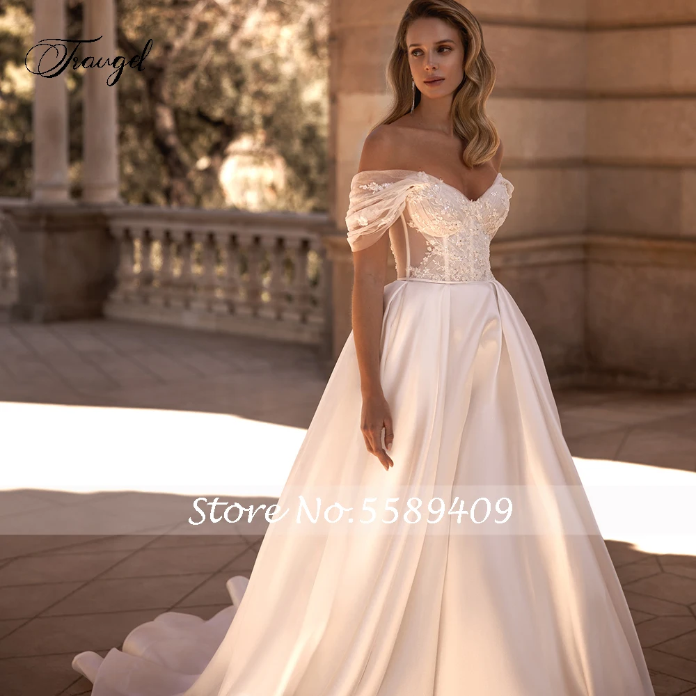 Traugel Sexy Illusion Sweetheart Flowers Satin Wedding Dresses Delicate Appliques Beaded Court Train A Line Bridal Gown