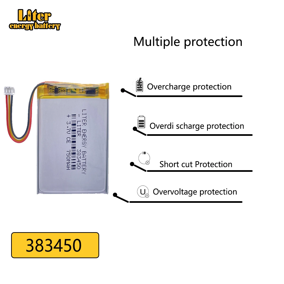 1.25mm 3-wire connector Size 383450 3.7V 750mah Lithium polymer Battery With Protection Board For GPS Digital Products