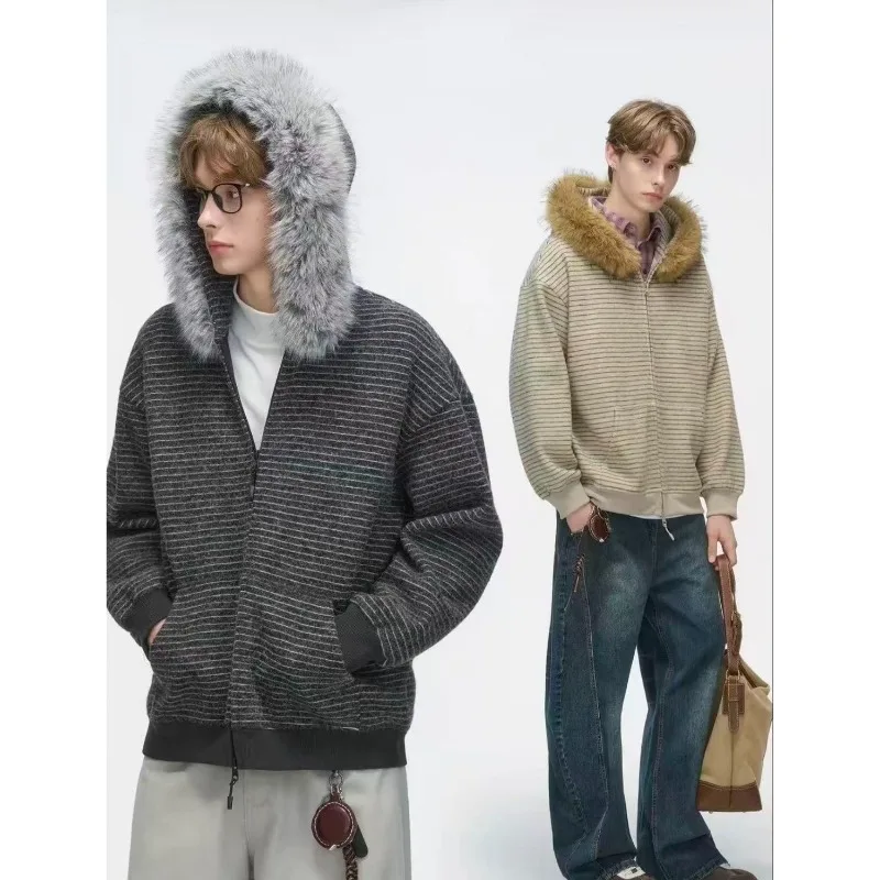 

Men's American Retro Stripe Hooded Jacket With Fur Collar Casual Loose Fit Zip Up Coat Daily Commuting Streetwear Outerwear