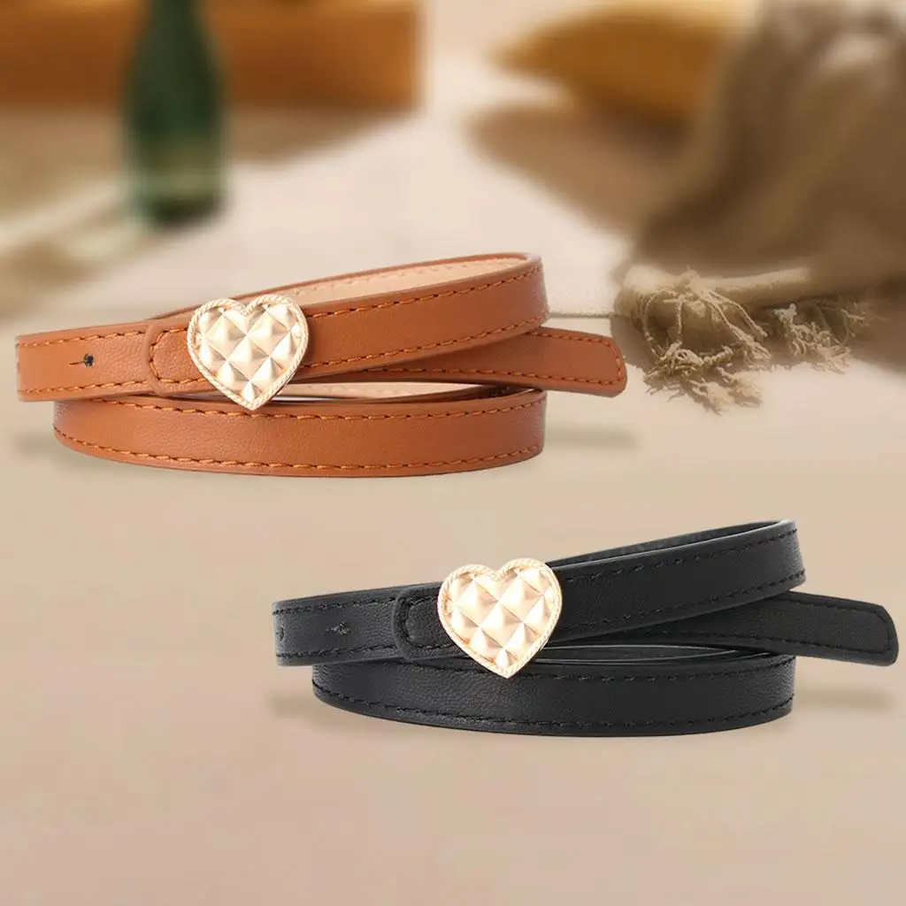 Elastic Women's Waist Belt with Heart Buckle PU Leather Strap Soft Thin Fashion