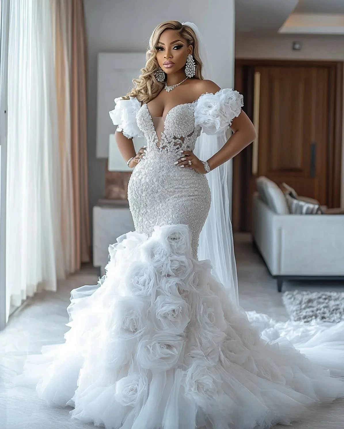 Customized Mermaid Bridal Gowns For Bride Off Shoulder V Neck Sexy Flora Tiered Tulle Charming Wedding Gowns