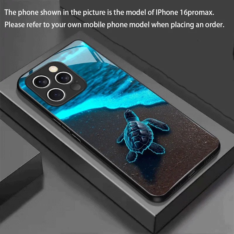 

Fluorescent beach turtle new tempered glass phone case suitable for iPhone17 16 15 14 13 12 11Pro/Max/Plus shockproof back cover