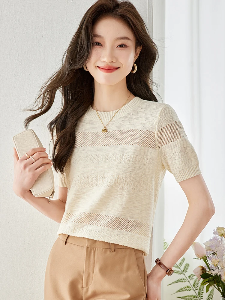 Summer Slim Thin Round Neck Solid Color Knitted Short-sleeved Pullover T-shirt 2024 New Fashion Casual Loose Top