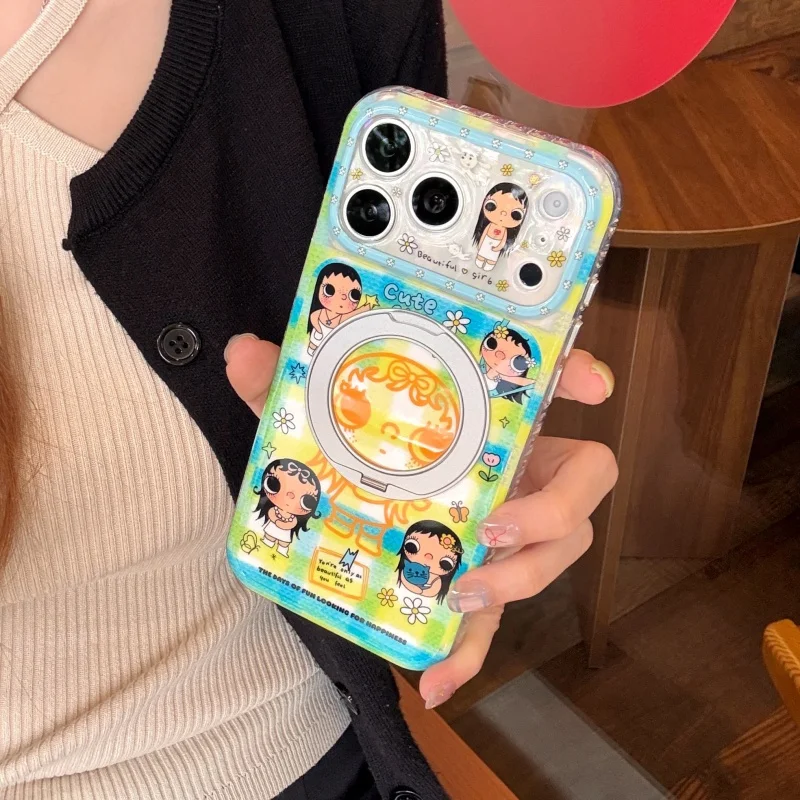 

Japanese Cartoon Flower Plaid Pattern Phone Case For iPhone 17 Pro 16 15 Pro Max Back Cover with Stand Cases For Apple 17 Pro Fu