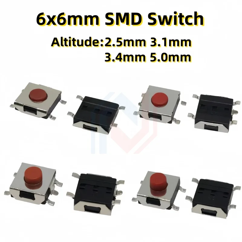 20PCS/LOT 6*6*2.5mm 3.1mm 3.4mm 5mm SMD Switch 4 / 5 Pin feet Touch Micro Switch Push Button Switches Red 6X6 Tact Switch