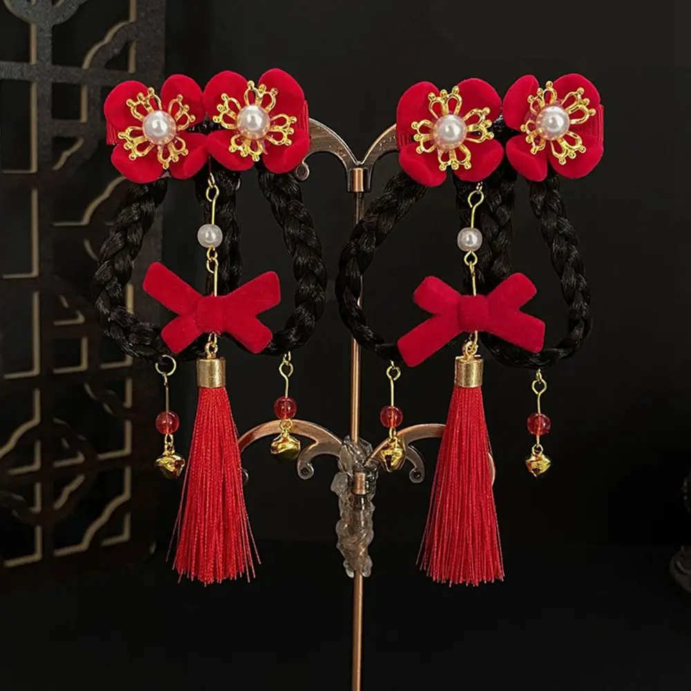 

Hanfu Headdress Flower Red Girl Hair Accessories Child Hair Accessories Bow Hair Clip New Year Headdress Baby Wig Hairpin