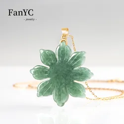 S925 Silver Inlaid Myanmar Jadeite Sunflower Pendant Exquisite Fashion Lady Collarbone Chain Jewelry Mascot Holiday Gift