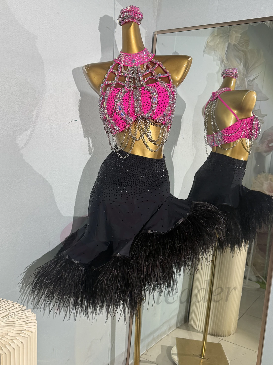 Bailarina latina para niños y adultos, sujetador de cadena personalizado de alta gama, falda esponjosa, vestido de actuación de diamante Samba